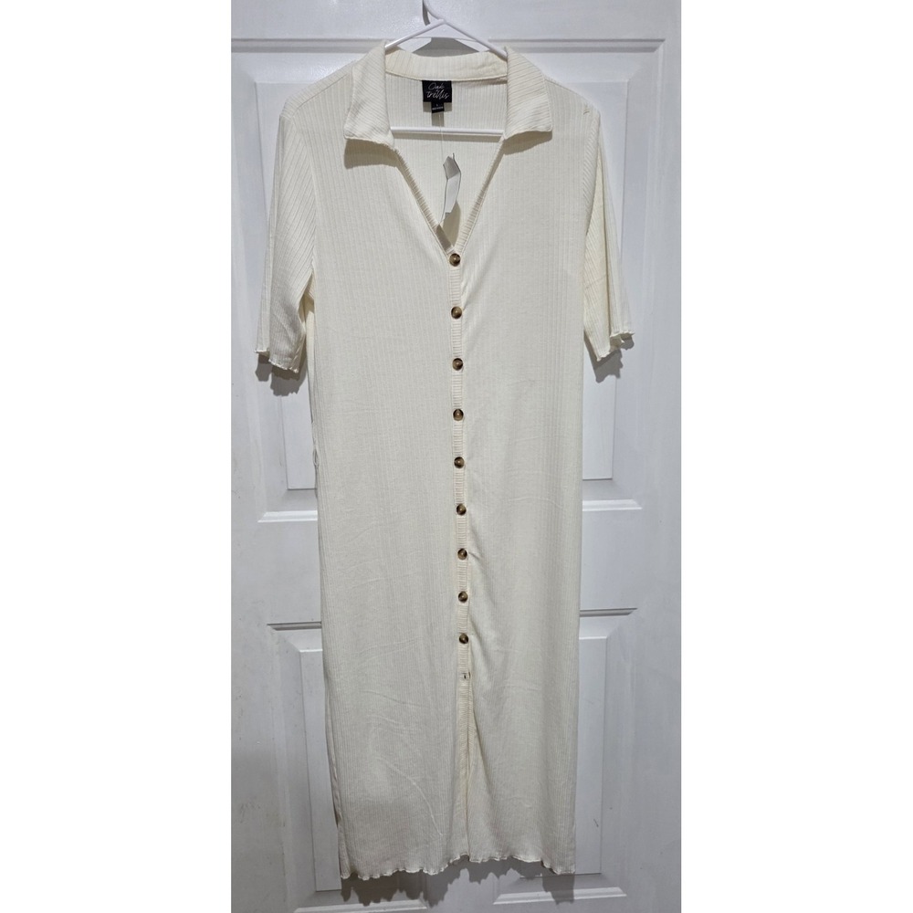 Oak & Trellis Cream Button Up Long Boho Shift Dress Women L-NWT (Missing Belt)